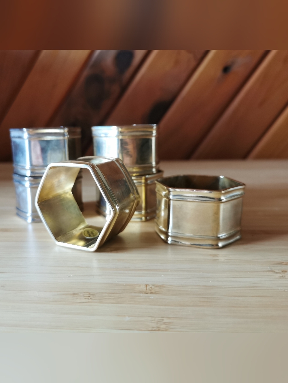 Vintage Brass Hexagonal Napkin Rings Set of 6